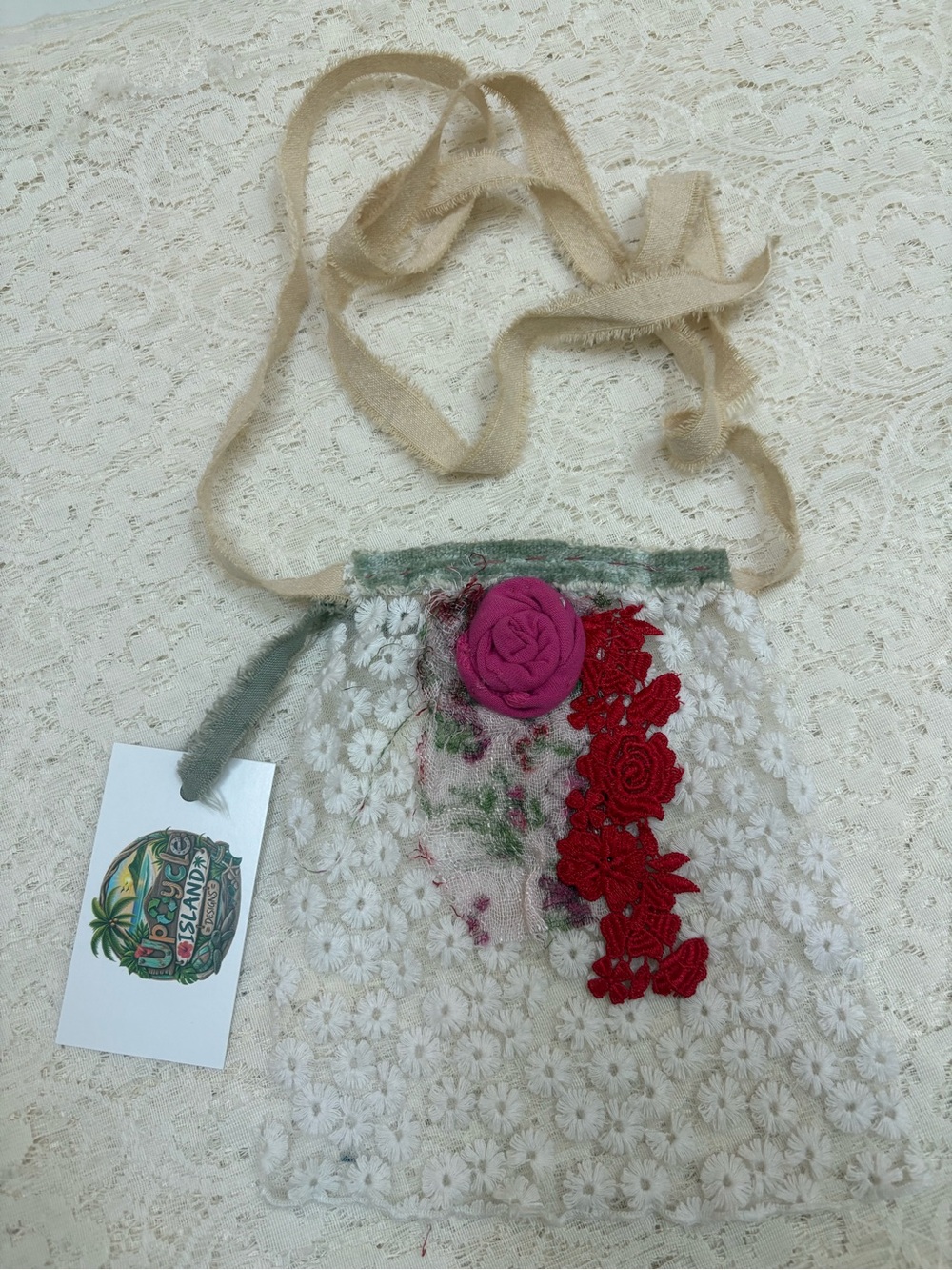 Floral Lace Jabot with Pink Rosette